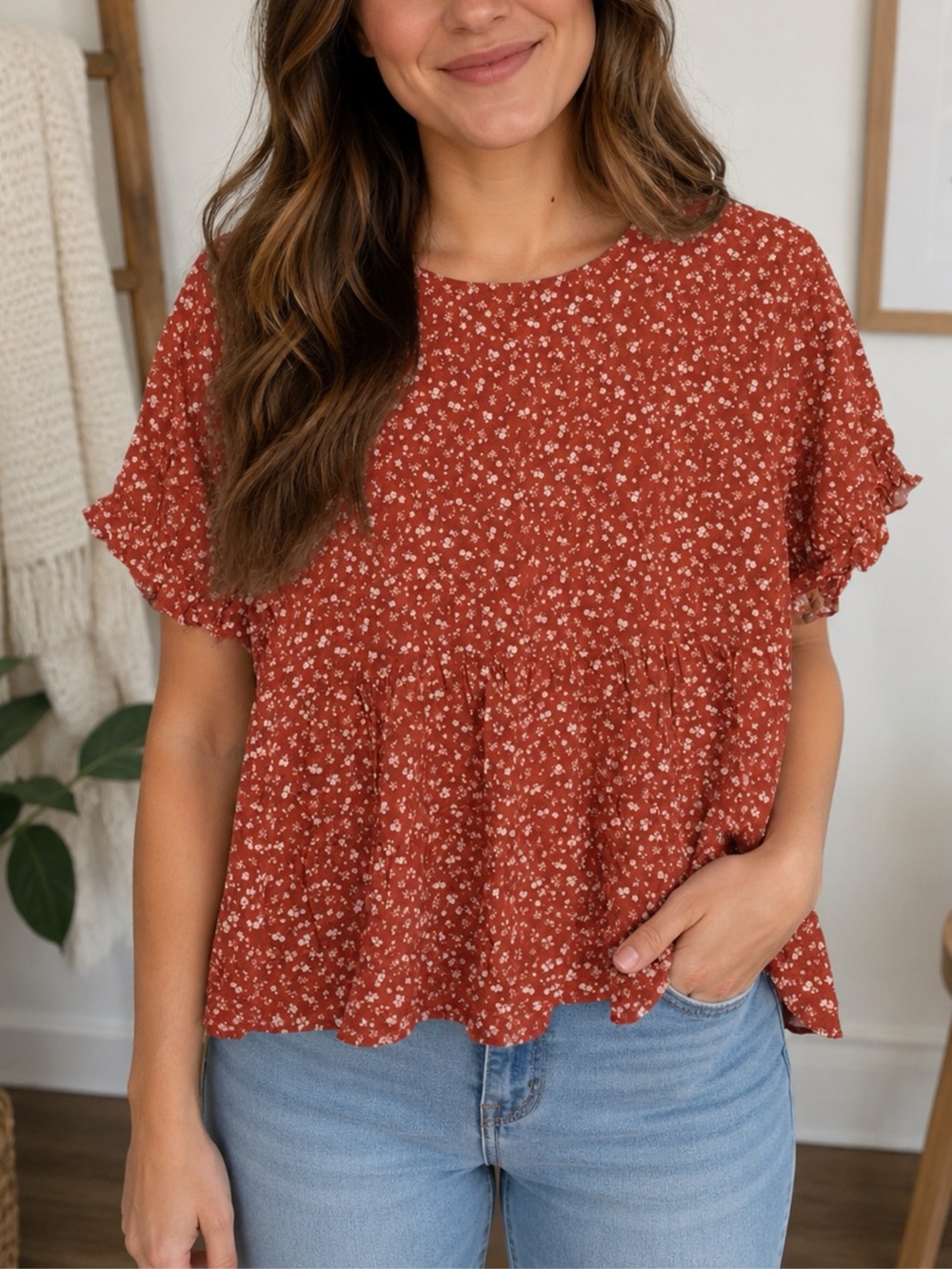 Paper Crane Fall Rust Ditsy Floral Peplum Blouse Whimsical Boho Babydoll Top